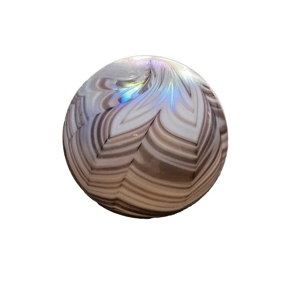 Vintage Art Glass Paperweight Iridescent Pulled Feather Dark Pink Mauve 3” Round